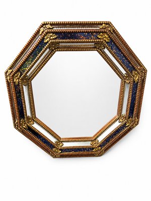 Octagonal Wall Mirror in Cobalt Blue Eglomise Glass and Gilded Wood, 1960s — view 1