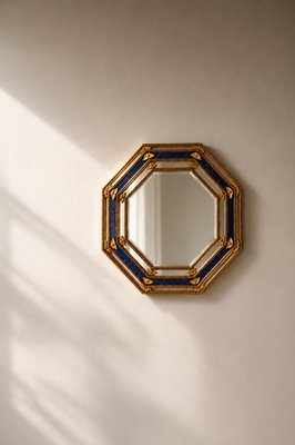 Octagonal Wall Mirror in Cobalt Blue Eglomise Glass and Gilded Wood, 1960s — view 2