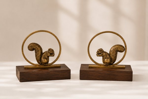 Art Deco French Gilded Bronze and Rosewood Squirrel Bookends, 1930, Set of 2 — view 2