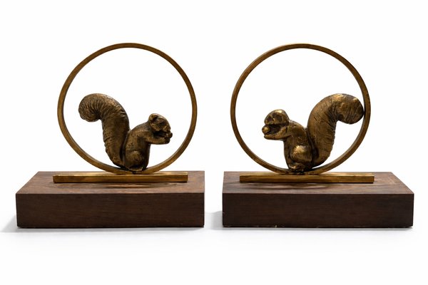 Art Deco French Gilded Bronze and Rosewood Squirrel Bookends, 1930, Set of 2 — view 1