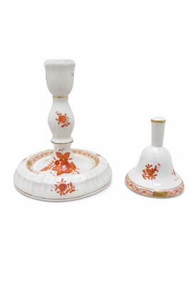 Vintage Apponyi Orange Porcelain Candlestick and Bell Set from Herend, 1970s, Set of 2 — view 1