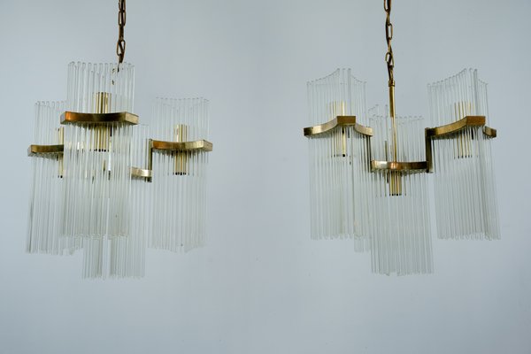 Brass and Glass Chandeliers by Gaetano Sciolari, Italy, 1970s, Set