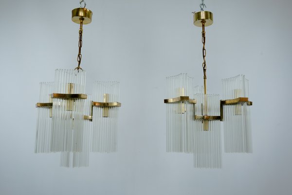 Brass and Glass Chandeliers by Gaetano Sciolari, Italy, 1970s, Set