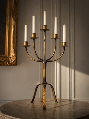 Large Mid-Century Modern Brutalist Five-Arm Gilt Iron Candelabra, 1960s — view 2