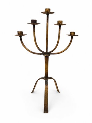 Large Mid-Century Modern Brutalist Five-Arm Gilt Iron Candelabra, 1960s — view 1