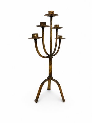 Large Mid-Century Modern Brutalist Five-Arm Gilt Iron Candelabra, 1960s — view 3