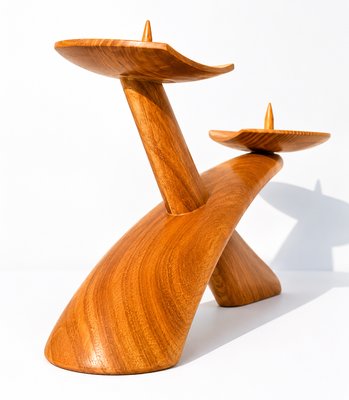 Mid-Century Modern Biomorphic Boomerang Wood Double Flame Candlestick, 1950s — view 3