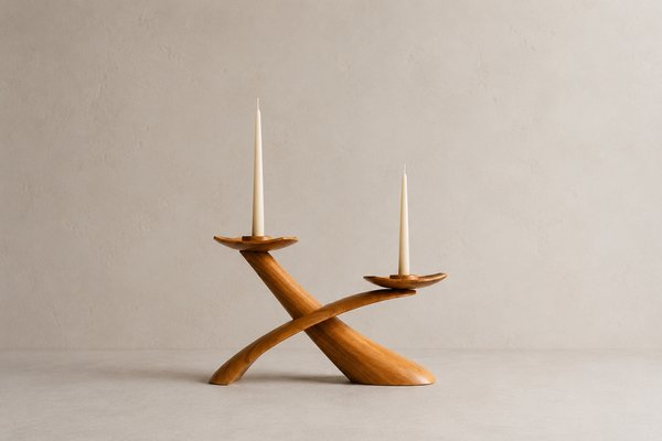 Mid-Century Modern Biomorphic Boomerang Wood Double Flame Candlestick, 1950s — view 2