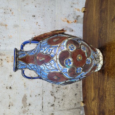 19th Century Filigree Vase in Ceramic, Leather, Enamel and Metal