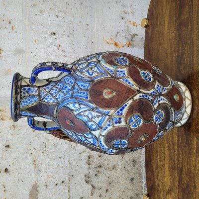 19世紀Antique Moroccan ceramic vase 19th Century Filigree Vase in Ceramic, Leather, Enamel and Metal