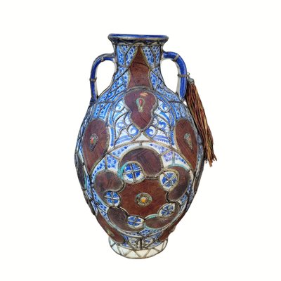 19th Century Filigree Vase in Ceramic, Leather, Enamel and Metal