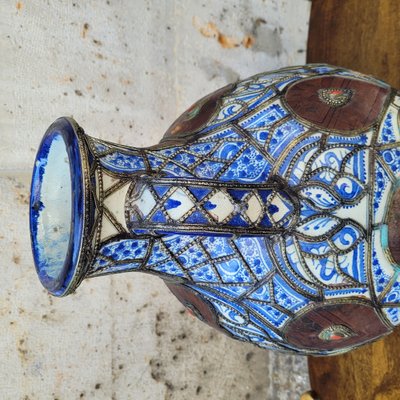 19th Century Filigree Vase in Ceramic, Leather, Enamel and Metal