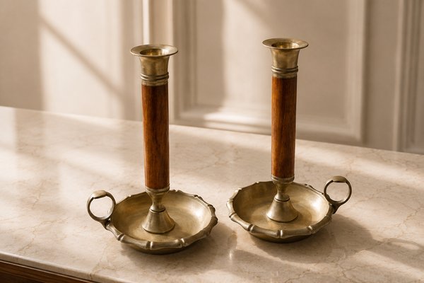 Mid-Century Modern Brass and Wood Chamber Candlesticks with Ring Handle, 1950, Set of 2 — view 2