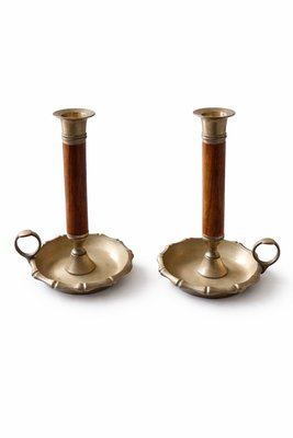 Mid-Century Modern Brass and Wood Chamber Candlesticks with Ring Handle, 1950, Set of 2 — view 1