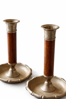 Mid-Century Modern Brass and Wood Chamber Candlesticks with Ring Handle, 1950, Set of 2 — view 4