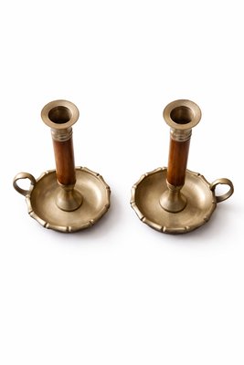 Mid-Century Modern Brass and Wood Chamber Candlesticks with Ring Handle, 1950, Set of 2 — view 3