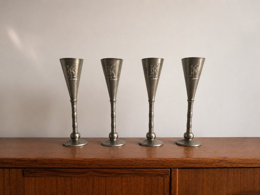 Art Deco Pewter Liquor Goblets by Just Andersen with Monogram KL, 1930s, Set of 4 — view 2