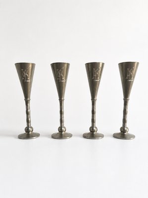 Art Deco Pewter Liquor Goblets by Just Andersen with Monogram KL, 1930s, Set of 4 — view 1