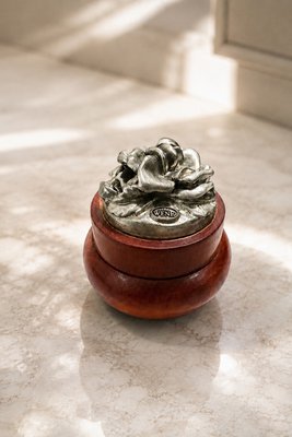 Mid-Century Modern Turned Wood Decorative Box with 800 Silver Rose Lid by Wenk, 1950s — view 2