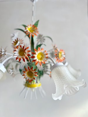 Vintage European Floral Tole Chandelier with Frosted Glass Tulip