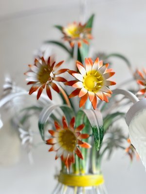 Vintage European Floral Tole Chandelier with Frosted Glass Tulip