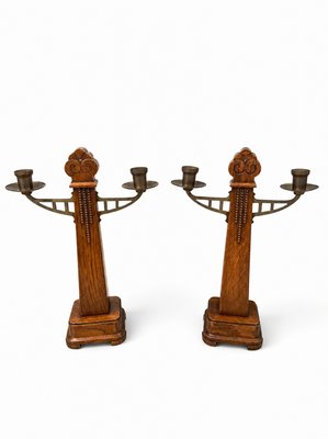 Amsterdam School · Oak and Brass Candlesticks — view 1