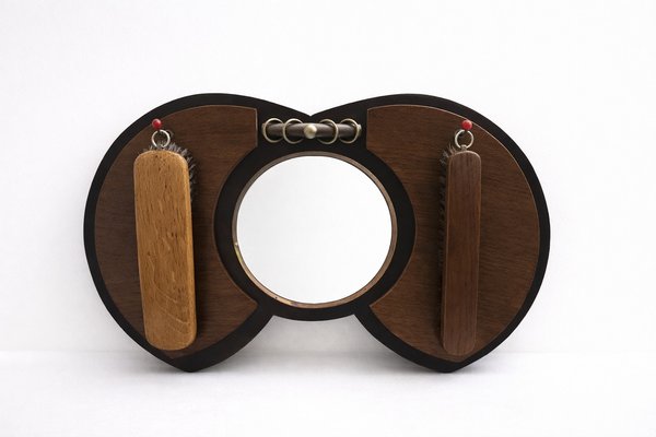 Art Deco Amsterdam School Oak Hallway Mirror with Integrated Brushes, 1920s, Set of 3 — view 1