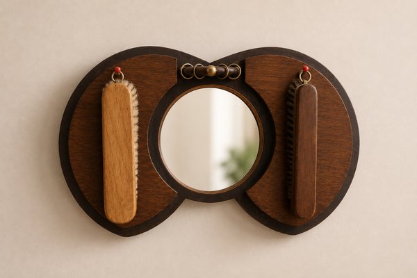 Art Deco Amsterdam School Oak Hallway Mirror with Integrated Brushes, 1920s, Set of 3 — view 2