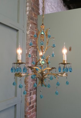 Vintage French Turquoise Crystal and Tolewear Chandelier, 1920 for