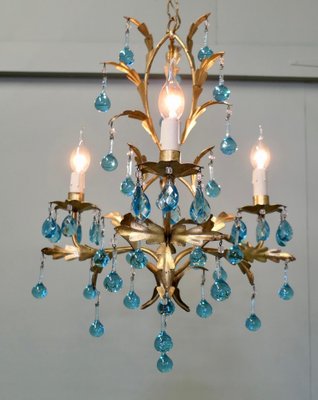 シャンデリア　1920年　フランス（青と虹）アンティーク　オパールセント Vintage French Turquoise Crystal and Tolewear Chandelier, 1920 for