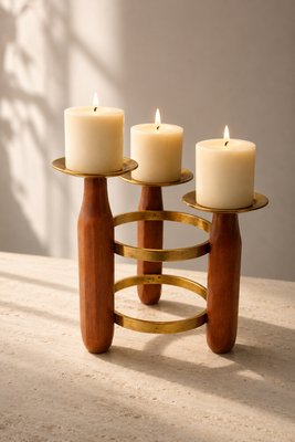 Mid-Century Modern Scandinavian Teak and Brass Circular Candleholder, 1960 — view 2