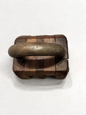Industrial Ash and Iron Double Pulley Block Maritime Sculpture, 1930s — view 3
