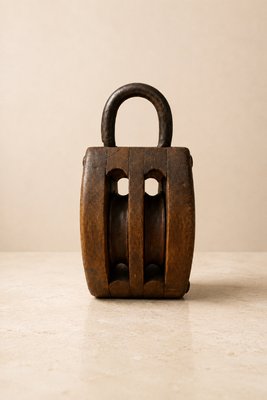 Industrial Ash and Iron Double Pulley Block Maritime Sculpture, 1930s — view 2