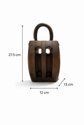 Industrial Ash and Iron Double Pulley Block Maritime Sculpture, 1930s — view 4