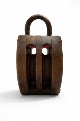 Industrial Ash and Iron Double Pulley Block Maritime Sculpture, 1930s — view 1