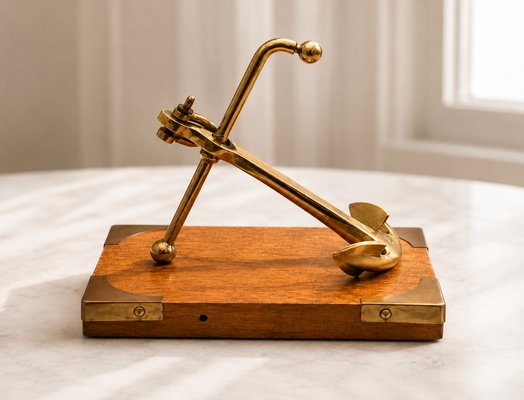 Vintage Mid-Century Brass Anchor Sculpture on Campaign Wooden Base, 1960s — view 2