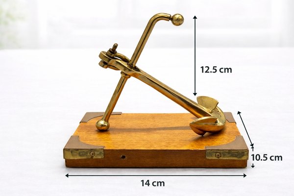 Vintage Mid-Century Brass Anchor Sculpture on Campaign Wooden Base, 1960s — view 4