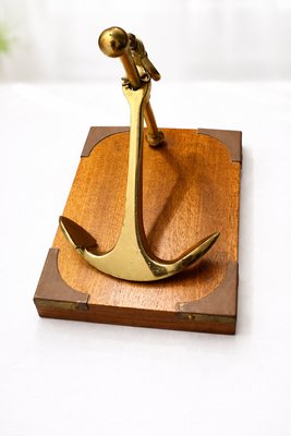 Vintage Mid-Century Brass Anchor Sculpture on Campaign Wooden Base, 1960s — view 5