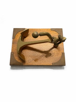 Vintage Mid-Century Brass Anchor Sculpture on Campaign Wooden Base, 1960s — view 3