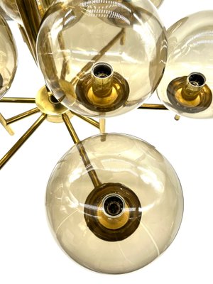 Large Mid-Century Modern Chandelier in Brass and Smoked Glass in