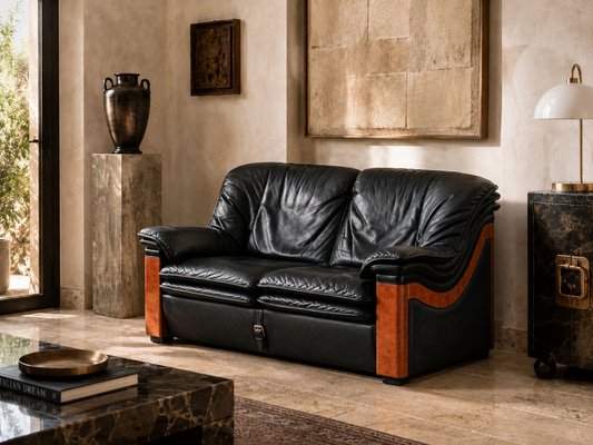 Vintage Two-Seater Sofa in Black Leather by Paolo Gucci for