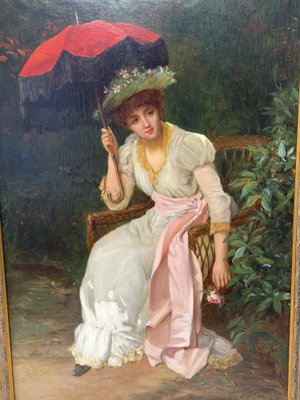 William Oliver, Lady with Red Parasol, 1800s, Oil Painting on