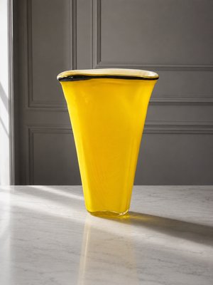 Large Vintage Murano Yellow Cased Opaline Glass Vase with Black Rim, 1970s — view 2