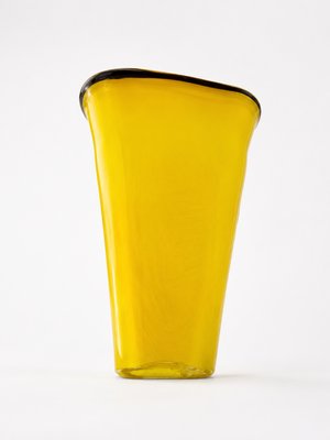 Large Vintage Murano Yellow Cased Opaline Glass Vase with Black Rim, 1970s — view 4