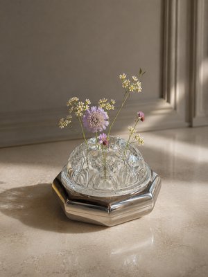 Vintage French Pewter & Glass Flower Frog Vase from Étains du Manoir, 1980s — view 2
