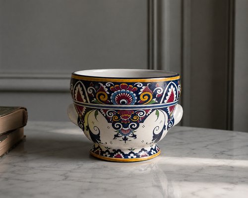 Vintage Late 20th Century French Hand-Painted Faience Bowl from P.V. Louviers, Normandy — view 4