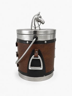English Equestrian Horse Ice Bucket in Dark Brown Faux Leather, 1970s — view 3