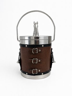 English Equestrian Horse Ice Bucket in Dark Brown Faux Leather, 1970s — view 5