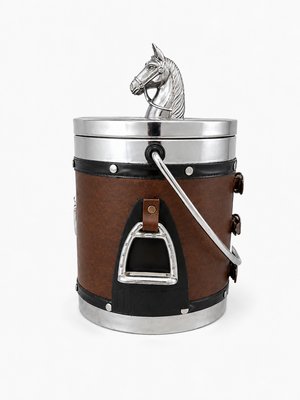 English Equestrian Horse Ice Bucket in Dark Brown Faux Leather, 1970s — view 4