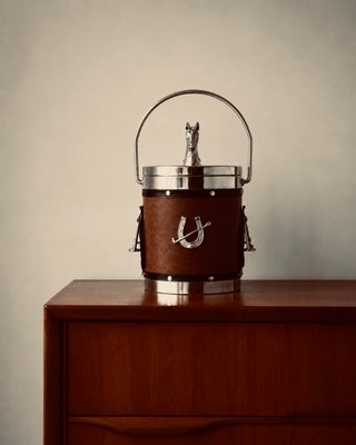 English Equestrian Horse Ice Bucket in Dark Brown Faux Leather, 1970s — view 2